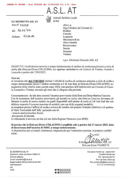 Aggiornamento orari Medici Medicina Generale